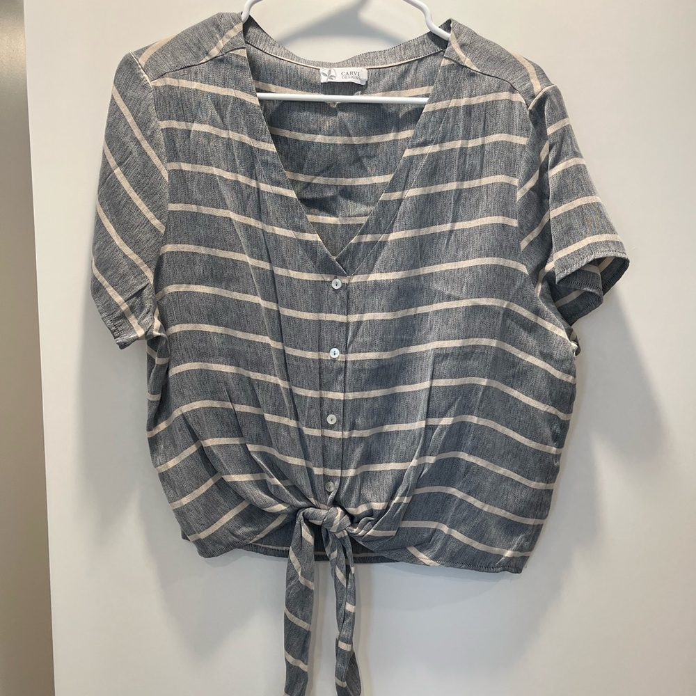 Carve Designs Gray and Cream Striped Button Front Tie Hem Top